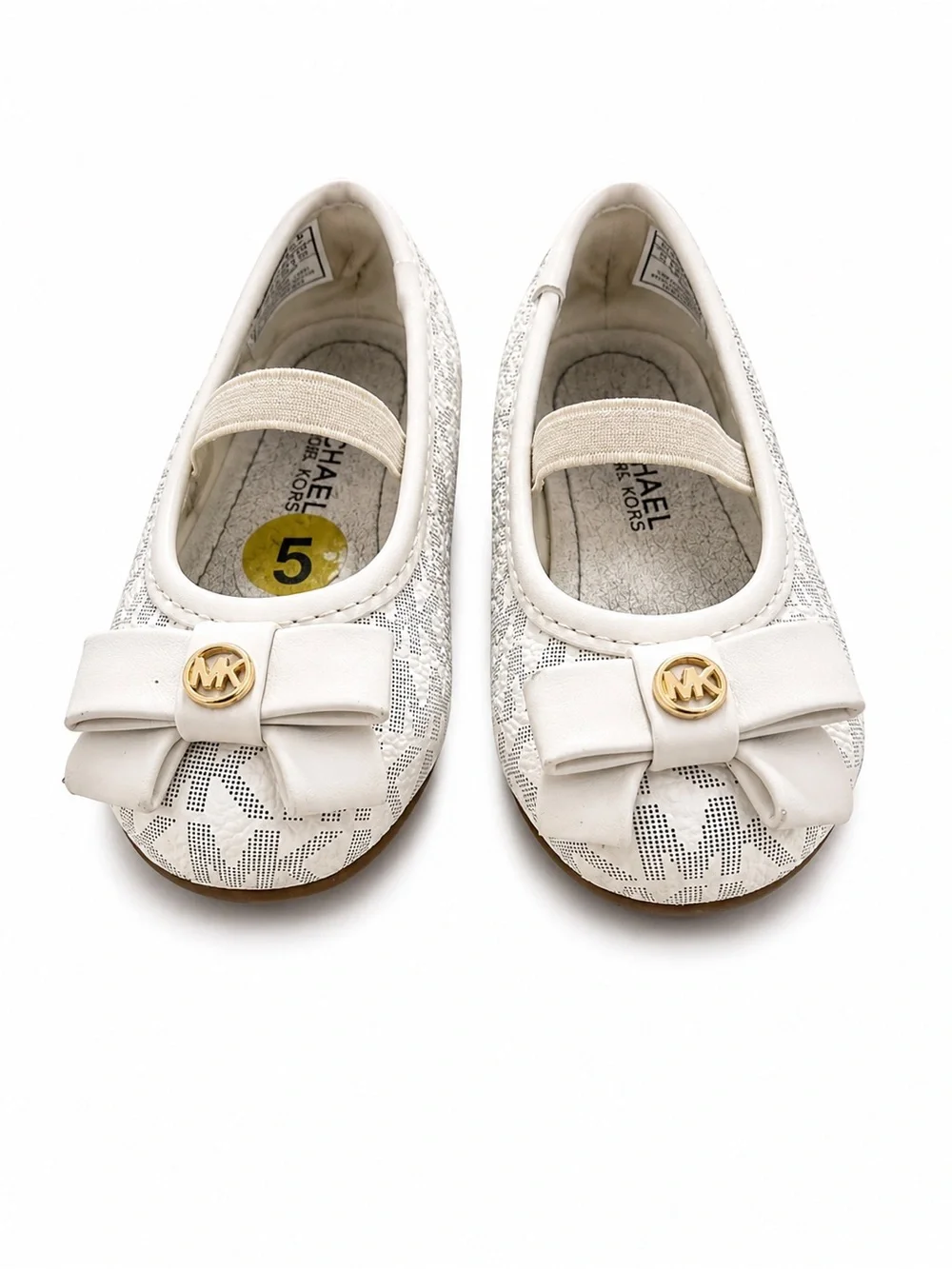 Michael Kors Girls Cream Logo Bow Ballet Flats with Gold MK Accent